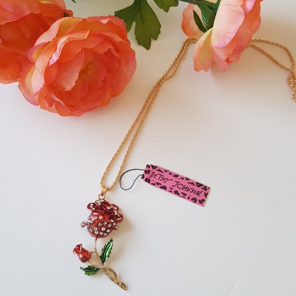 Betsey Johnson Style Necklace Crystal Rose Pendant Chain - Picture 7 of 9